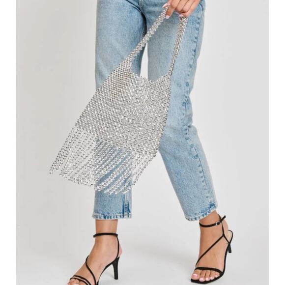 Urban Outfitters Kimchi Blue Beaded Fringe Bag in Silver Metallic Beading Purse - Picture 9 of 9